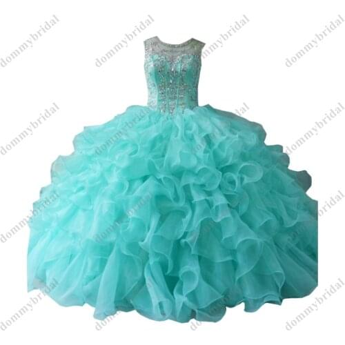 Glamourous Vestido De 15 Anos XV Years Old Aqua Blue 2021 Cheap Quinceanera Dress Prom Evening Dress Cyrstal Ruffled Organza