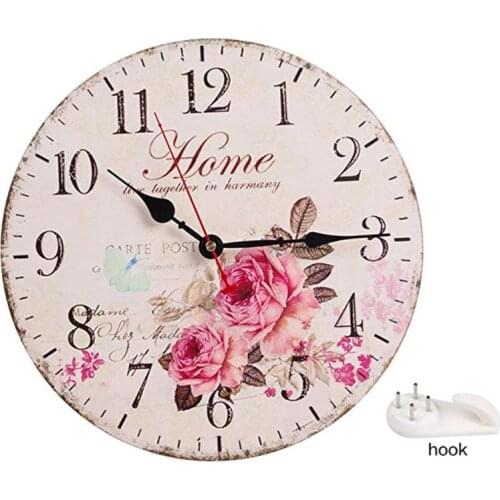 13 Inch European Country Style Wall Clock Retro Floral Print Battery Operated Round Frameless Silent Non-Ticking Digital Quiet S