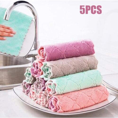 5pcs Double-layer Absorbent Microfiber Kitchen Dish Cloth Non-stick Oil Household Cleaning Cloth Wiping Towel Home Kichen Tool