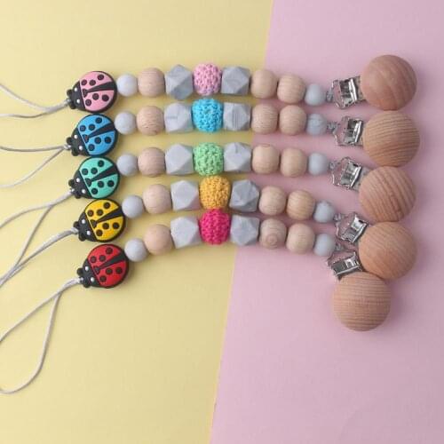 Safe Silicone Pacifier Clip Wooden Bead Clip Holder Soother Chains Cute Ladybug Beads Pacifier Clips Baby Teething Toy Accesory