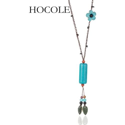 HOCOLE Boho Ethnic Long Chain Leather Flower Leaves Tassel Pendant Necklace Sweater Chain for Women Clothing Accessories Jewelry