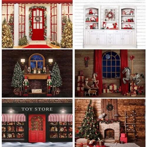 Photography Background Christmas Photo Shoot Xmas Windows Fireplace Backdrop Gifts Snow Green Winter Christmas Trees Photocall