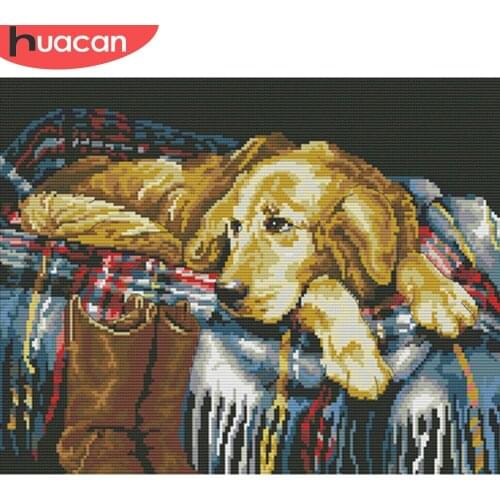 HUACAN Cross Stitch Dog Sets White Canvas Needlework Handicrafts Cross Stitch Animal Embroidery 14CT 11CT