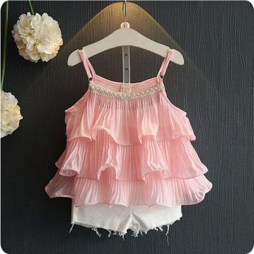 Korean Girl Garment 2016 Summer Wear New Pattern Lotus Edge ChiffonUnlined Upper T-Shirt Shorts Children Baby 2 Pieces Suit