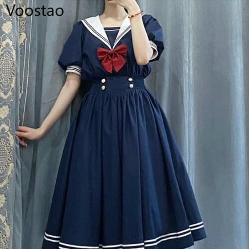 Summer Japanese Women Preppy Style Sailor Collar Jk Uniform Short Sleeve Dress Student Girly Sweet Bowknot Lolita Party Dresses
