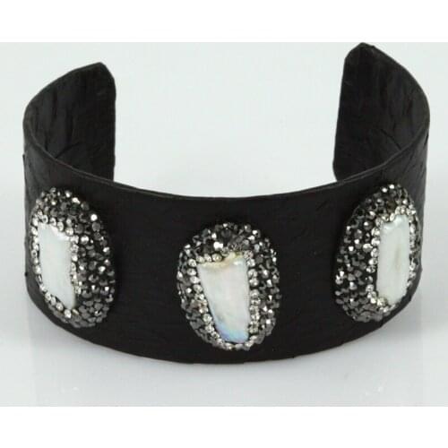 Natural snakeskin pearl bangle pave rhinestone genuine leather big bangle charm snakeskin fashion jewelry