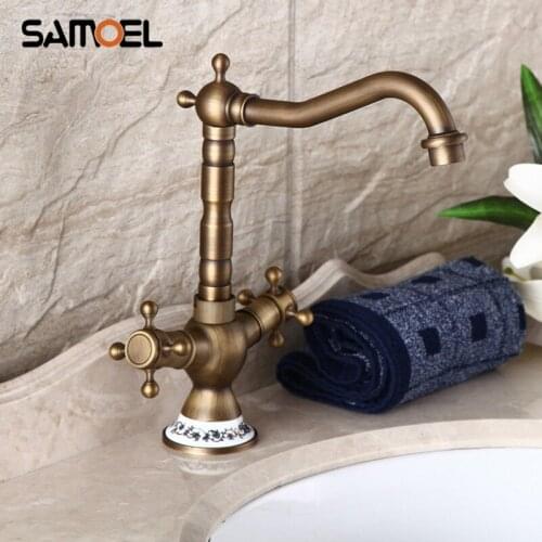 Newly Retro Bathroom Basin Antique Brass Faucets Double Handle 360 Swivel Faucet Crane Mixer Tap AF1075
