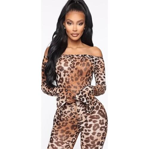 Autumn new womens long-sleeved one-piece blouse + trousers two-piece thin fabric tight leopard print collar jumpsuits