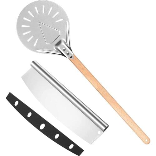 Turning Pizza Peel 9Inch with 23.6Inch Total Length and 13.8Inch Pizza Cutter, Outdoor Pizza Oven Accessories