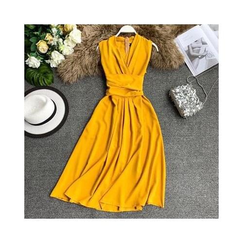 Sexy Dress Women Summer 2020 New Arival V-Neck Sleeveless Dresses French Chic Cross Drawstring Slim Waist Vestidos X00008 WPY923