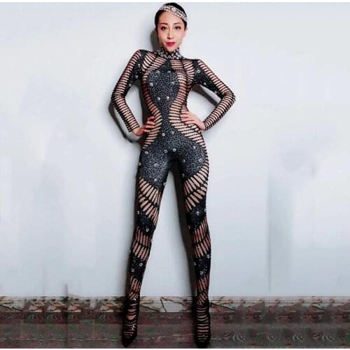 Silver Black Bright Rhinestones Long Sleeves Jumpsuit Womens Party Bodysuit Spandex Outfit Evening Female Singer Wear DN1176