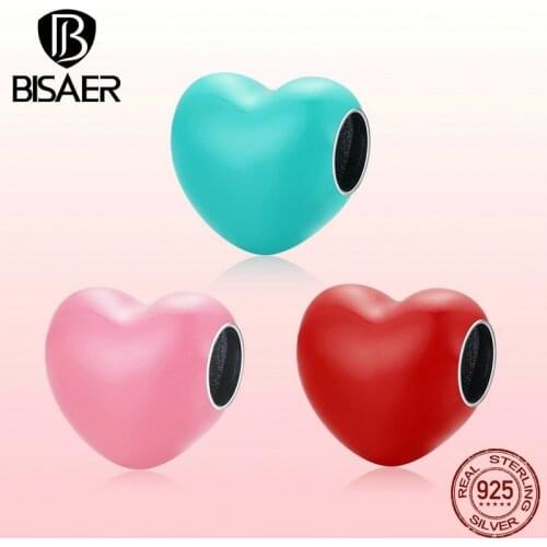 BISAER 925 Sterling Silver Colored Enamel PINK Red Heart Charms For DIY Jewelry Making Fit Original Bracelet Necklace ECC1986