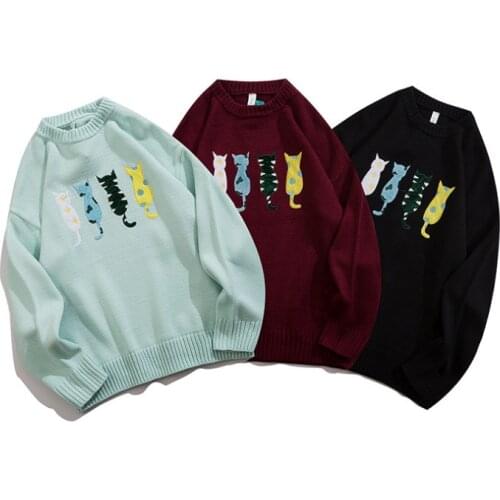 Japanese Cartoon Embroidery kitty Printed Knitted Sweater Plus Size Women Winter Pullover Oversize Couple Outfit свитер оверсайз