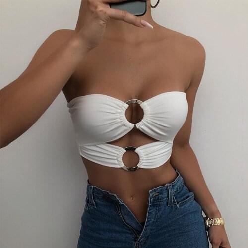 Metal Double Ring One-shoulder Short Navel Wrap Top Womens Summer Sexy Personality Tank Tops Club Party Ladies Solid Tops 2021