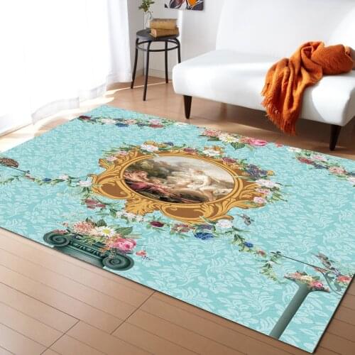 Vintage European Flowers Blue Carpet Bedroom Room Bedside Blanket Rug for Living Room Cloakroom Carpet Bedroom Decor