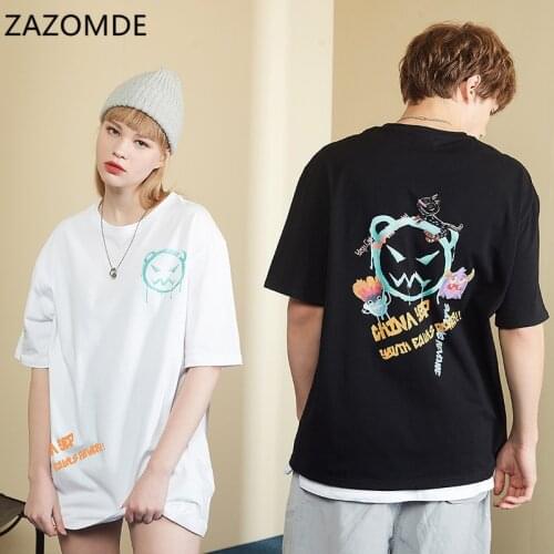 ZAZOMDE Summer Japan Style Harajuku Cartoon Bear Head Mens T-shirt 100%Cotton Hip-Hop Loose Male Large Size Short-Sleeved Tops