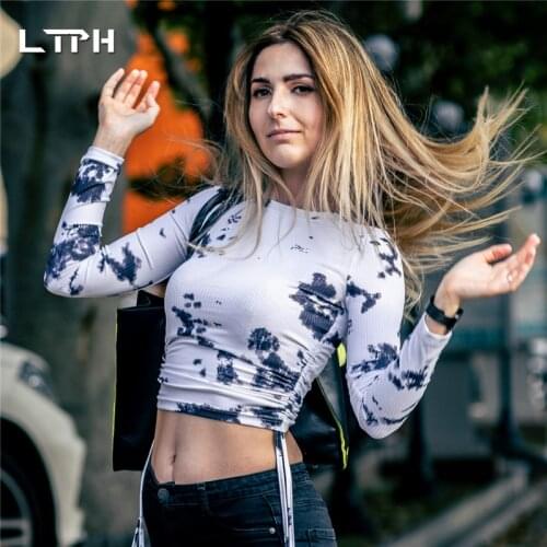 Hot sale 2021 spring new women shirts fashion Casual Full sleeves round neck print Drawstring sexy dew waist slim Short Base top
