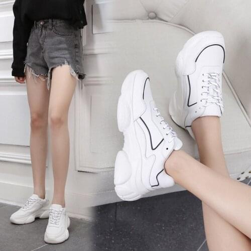 Free shipping white sports Leisure shoes real genuine leather rubber vacuum soles women sneaker shoes size 34-40 black line