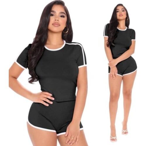 2pcs Womens Sports Set Fashion Solid Color Round Neck Pullover Top and Tight Shorts Suit