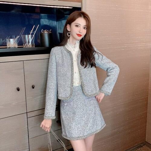 Tweed Two Piece Set Autumn Winter New Women Temperament Single Breasted Jacket Coat + High Waist Mini Skirt Suits Ladies Outfits