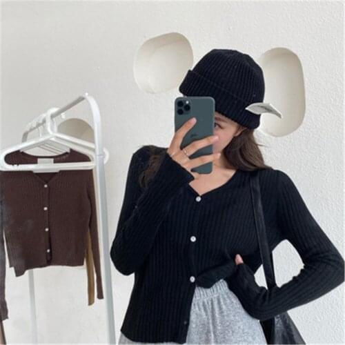 2021 Autumn V Neck Solid White Pink Knitted Sweaters For Ladies Korean Fashion Cardigan Women Oversized Sweater Summer Tops