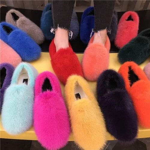 2021 European Fashion Winter Womens Fur Flat Shoes 100% Mink Fur Fluffy Fluffy Flat Shoes Cute Warm Fur Edamame Shoes