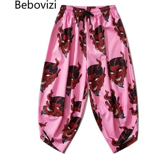 Vintage Japanese Harajuku Demon Print Elastic Waist Pants Pink Thin Kimono Pants Women Men Casual Traditional Harem Trousers