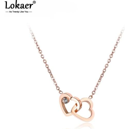 Lokaer Double Heart Cubic Zirconia Chain & Link Necklaces Jewelry Titanium Steel Rose Gold Chokers Necklace For Women N18058