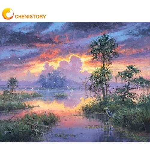 CHENISTORY 60x75cm Frame Paint By Number For Adults Sunset Lake Scenery Picture By Numbers Acrylic Paint On Canvas Home Decors