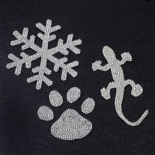 Silver Clear Rhinestone Gecko Dog Paw Snowflake Iron on Patches for Clothing Appliques Clothes Sticker Badge Apparel Decoration
