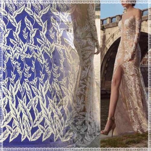 Latest fabric lace dress material embroidered leaf lace fabric fashion tulle mesh fabric for wedding