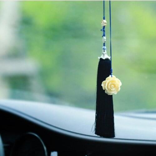 Car Pendant Chinese Style Rose Tassel Car Auto Interior Ornaments Artistic Corozo Nut Flower Car Rear view Mirror Decorations