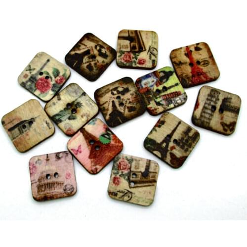 50pcs 19x19mm Mixed Nature Square Cute Dot Cat Pattern Wooden Buttons For Clothes Crafts Sewing Scrapbooking DIY Accessories