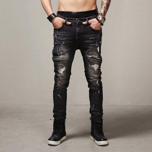 Ripped Hip-hop jeans men fashion swag biker skinny jeans hole Cotton black brand Kanye West style Motorcycle Denim cargo pants