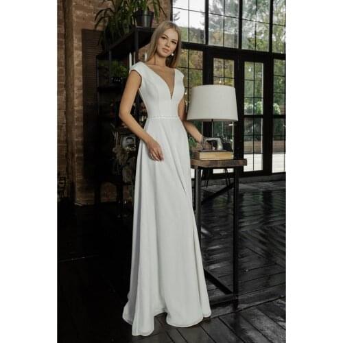 Ivory Chiffon Beading V-Neck Floor-Length A-Line Wedding Dresses Custom Made Sleeveless Bridal Gowns