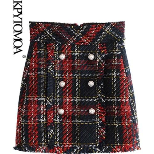 Vintage Faux Pearl Fringe Tweed Plaid Mini Skirt Women 2020 Fashion A Line Back Zipper Tassel Ladies Skirts Casual Faldas Mujer
