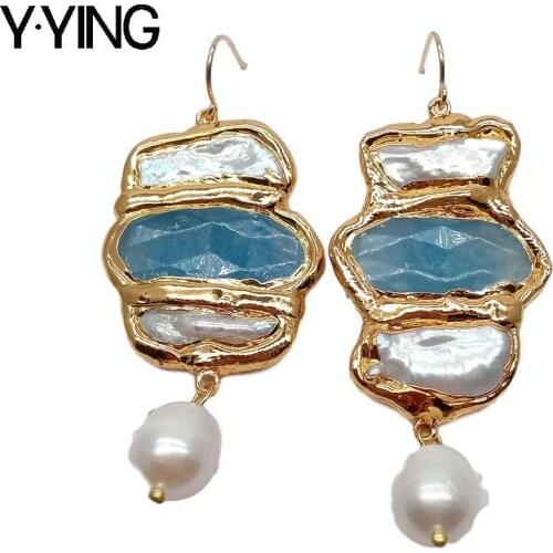 Y·YING gold color plated pave Cultured White Biwa Pearl Blue Jades White Rice Pearl Dangle Hook Earrings for women