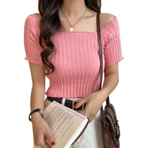2020 Korean Sexy Tshirt Single-collar Open-neck Knitted Short Sleeve Top White One Size Tee Shirt Femme