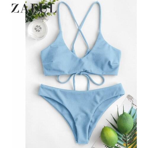 ZAFUL Sexy Cross Back Plaited Cami Bikini Set Women Bandage Swimsuit Bathing Suit Summer Spaghetti Straps Swimwear Biquinis