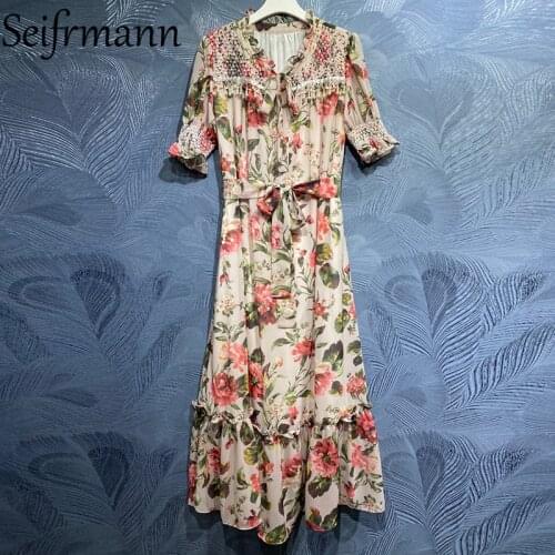 Seifrmann New 2021 Summer Women Fashion Runway Holiday Long Dress Flare Sleeve Gorgeous Beading Floral Printed Elegant Dresses