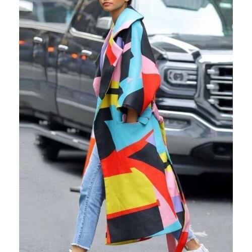 Casual Patchwork Colorful Turn Down Collar Women Coat Long Sleeve High Waist Sashes Female Autumn Winter Streetwear Tops 2021