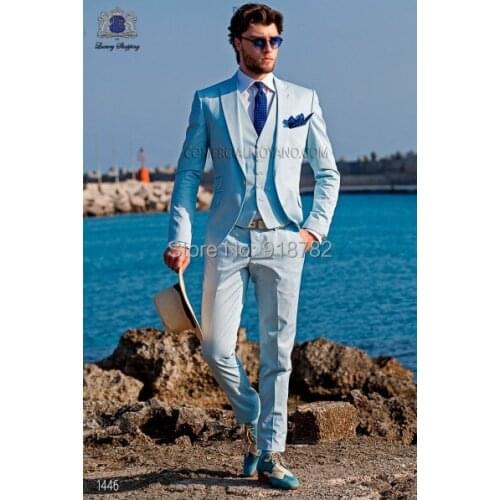 2017 Fashionable One Button Light Blue Groom Tuxedos Groomsmen Mens Wedding Suits Prom Bridegroom Suit (Jacket+Pants+Vest+Tie)