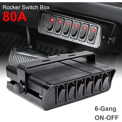 80A Rocker Switch Box Emergency Strobe Light 12AWG Input Wire 12V SPST 6-Gang Toggle Controller Panel