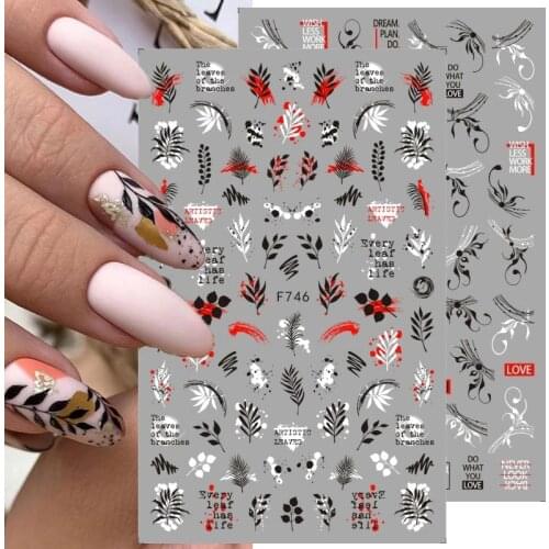 Black Leaves 3D Nail Stickers Flower Vine Butterfly English Letter Self Adhesive Transfer Sliders Summer Floral Decals For Nail