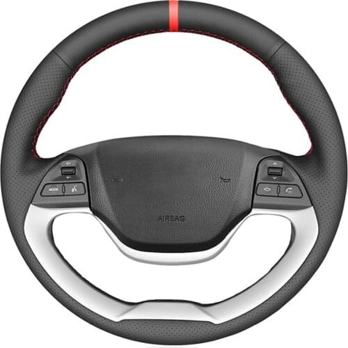 Black PU Faux Leather Red Marker Hand-stitched Car Steering Wheel Cover for Kia Morning 2011-2016 Picanto 2012-2015