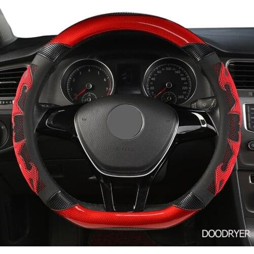 DOODRYER Carbon Fiber Leather Car Steering Wheel Cover Black Red Small Size Big Size D Shape 36cm 38cm 40cm