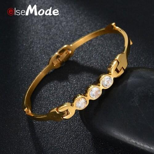 ELSEMODE 316L Stainless Steel Shine CZ Stone Women Bangle Fashion Cubic zirconia Gold Bangle Jewelry