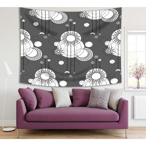 Tapestry Sun Moon Star and Geometric Patterns Modern Fun Decorative Artwork Printed Gray White