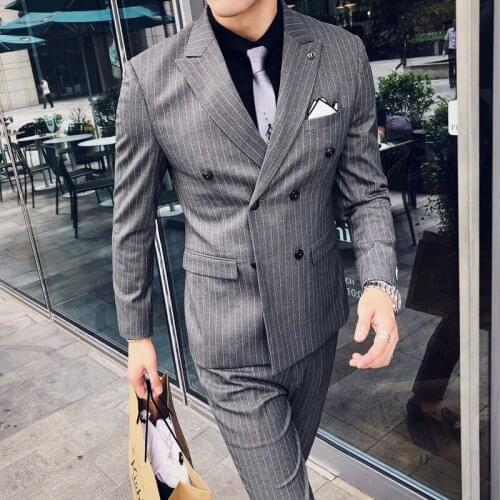 Costume Homme Marriage Grey Stripe Men Suits Slim Fit Double Breasted Blazer Tuxedos Groom Wedding Terno Masculino Jacket Pant