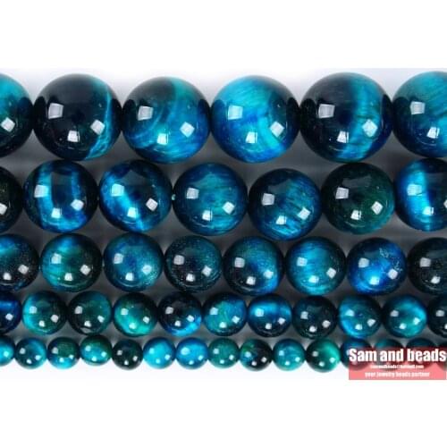 Natural Stone 5A Blue Zircon Tiger Eye Agates Diy Charm Bracelet Earrings Loose Round Beads for Jewelry Making 15" Strand 4-12MM